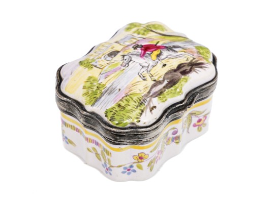 Antique Mid 19th Century Charming Hinged Battersea Box, Horse And Rider Motif