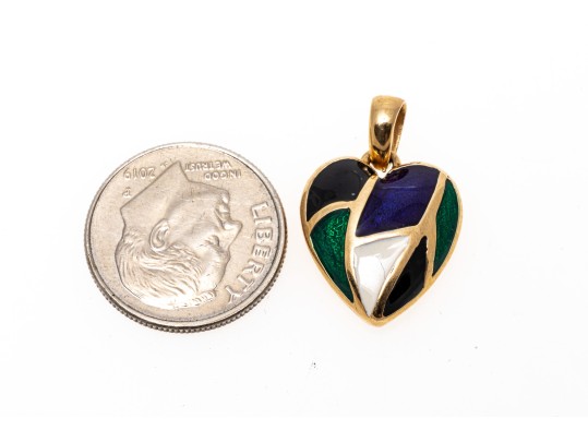 14k Yellow Gold Modish Black, White, Deep Purple And Emerald Green Enamel Heart Pendant