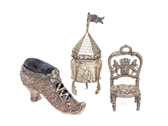 Sterling Miniature Chair, Shoe Pin Cushion And Judaica Spice Box, 2.79 Ozt.