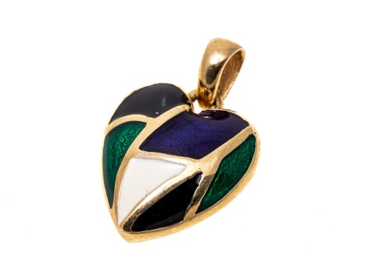 14k Yellow Gold Modish Black, White, Deep Purple And Emerald Green Enamel Heart Pendant