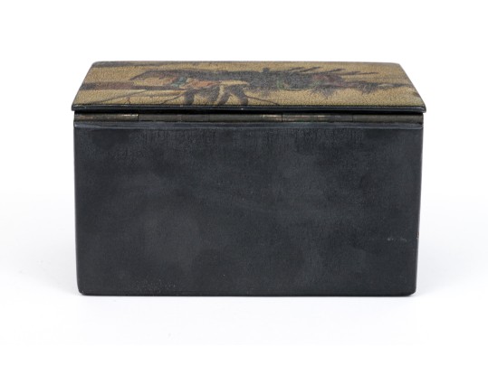 Russian Antique Classic Rectangular Folk Art Black Lacquer Box, Troika Themed