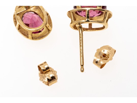 14K Yellow Gold Pretty Oval Faceted Rhodolite Garnet And Gold Framed Earrings