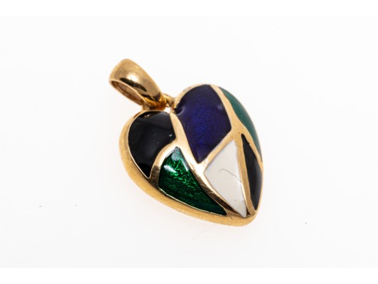 14k Yellow Gold Modish Black, White, Deep Purple And Emerald Green Enamel Heart Pendant