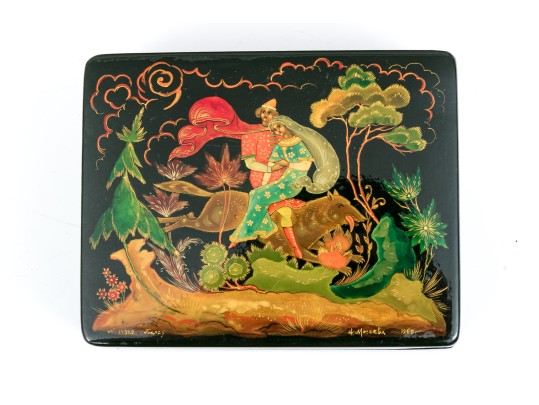 Russian Stunning Folk Art Black Lacquer Box, 