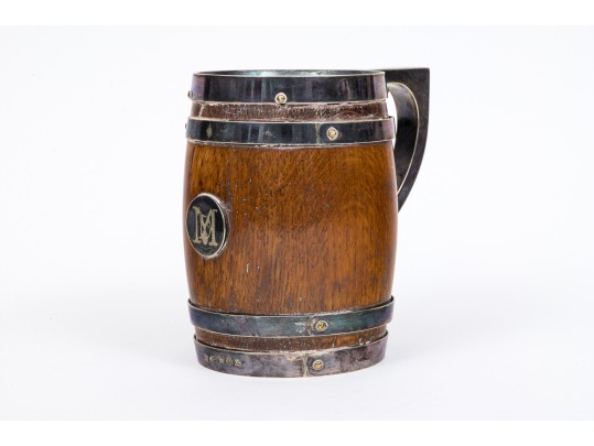 Thomas Harwood & Sons Handsome Oak And Silver Plate Tankard, Pre-1896