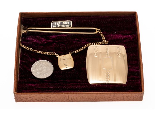 Men's Lot With Sterling Silver Cufflinks, Sterling And Gold Inlay Belt Buckle, Gold Filled Tie Bar