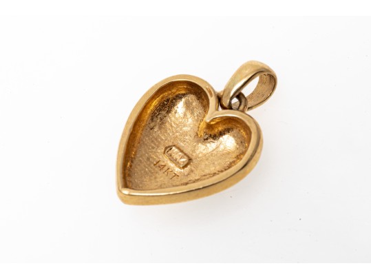 14k Yellow Gold Modish Black, White, Deep Purple And Emerald Green Enamel Heart Pendant