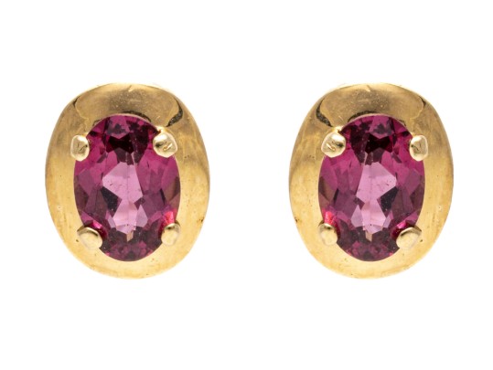 14K Yellow Gold Pretty Oval Faceted Rhodolite Garnet And Gold Framed Earrings