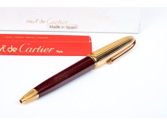 Cartier Iconic Ribbed Marbled Burgundy Composite And Gold Tone Ballpoint Pen