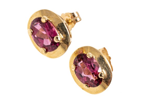 14K Yellow Gold Pretty Oval Faceted Rhodolite Garnet And Gold Framed Earrings