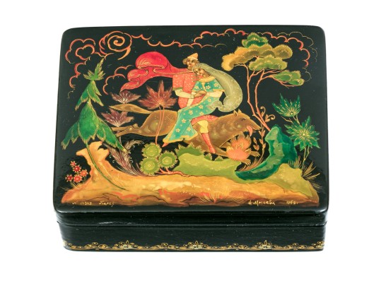 Russian Stunning Folk Art Black Lacquer Box, 