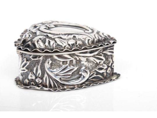 Antique Sterling Silver Beautiful Repousse Hinged Heart Shaped Box, Birmingham, 1898