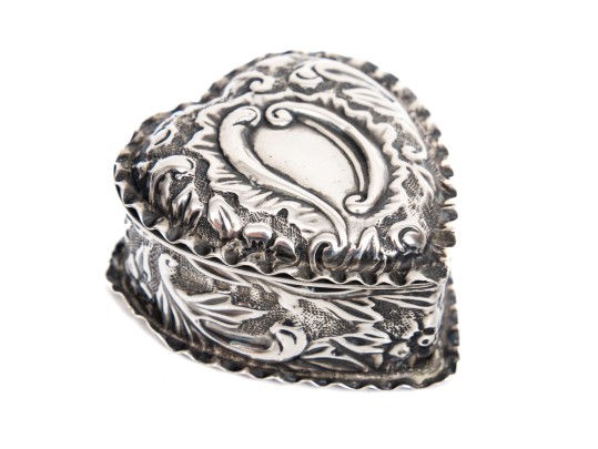 Antique Sterling Silver Beautiful Repousse Hinged Heart Shaped Box, Birmingham, 1898
