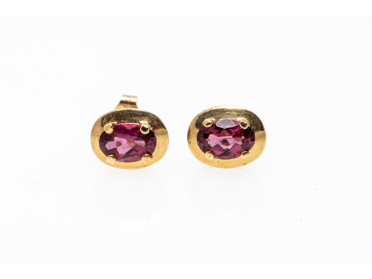 14K Yellow Gold Pretty Oval Faceted Rhodolite Garnet And Gold Framed Earrings
