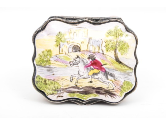 Antique Mid 19th Century Charming Hinged Battersea Box, Horse And Rider Motif