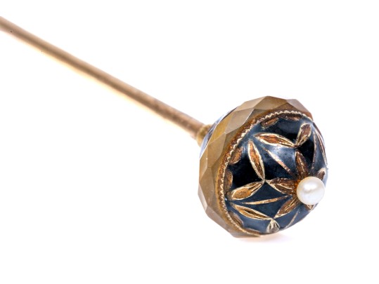 Antique Striking 14k Top Black Enamel, Crystal And Pearl Hat Pin, Gold Filled Stem
