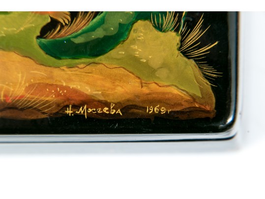 Russian Stunning Folk Art Black Lacquer Box, 