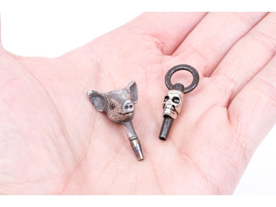 Wonderful Antique Pigs Head And Vintage Memento Mori Figural Pocketwatch Keys