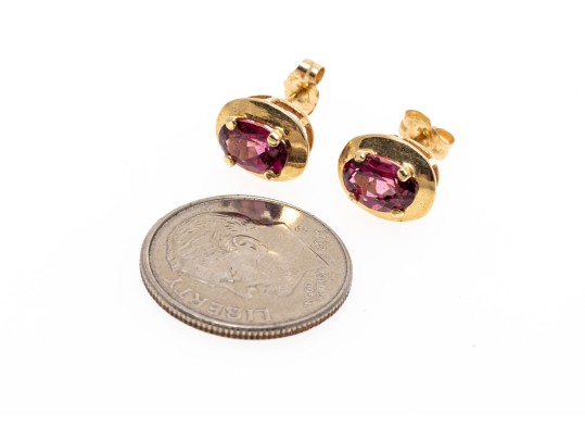 14K Yellow Gold Pretty Oval Faceted Rhodolite Garnet And Gold Framed Earrings