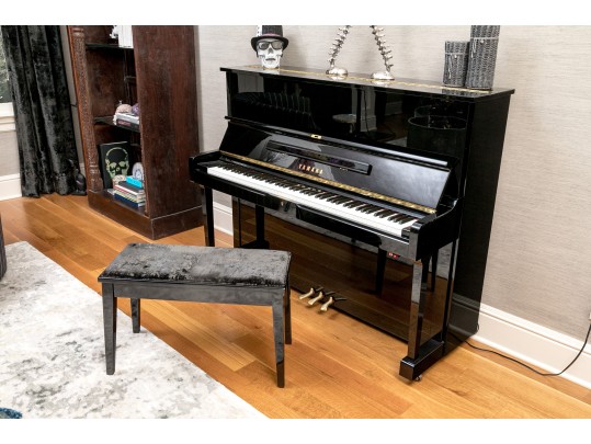 Black Lacquer Upright Yamaha Piano, With Piano Stool.