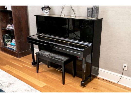 Black Lacquer Upright Yamaha Piano, With Piano Stool.