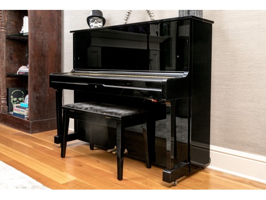 Black Lacquer Upright Yamaha Piano, With Piano Stool.