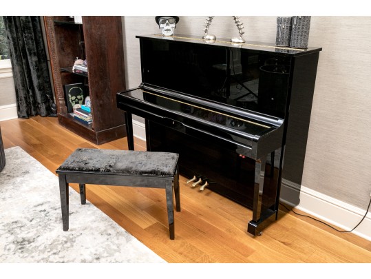 Black Lacquer Upright Yamaha Piano, With Piano Stool.