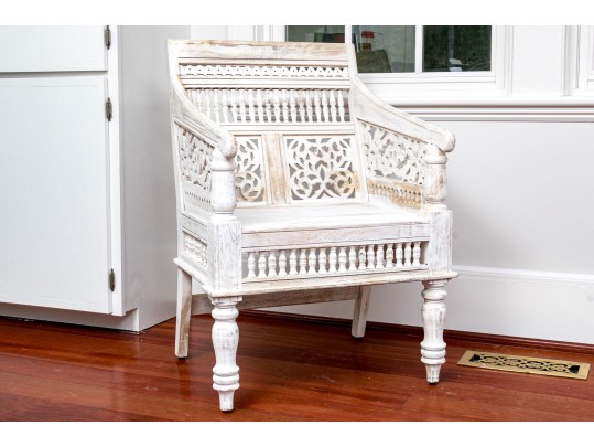 Highly Decorative Carved, White Washed Armchair