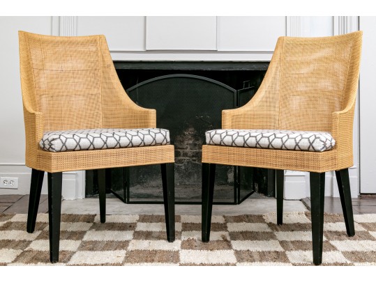 Fashionable Crate And Barrel Reupholstered In Romo Fabric Woven Rattan Armchairs