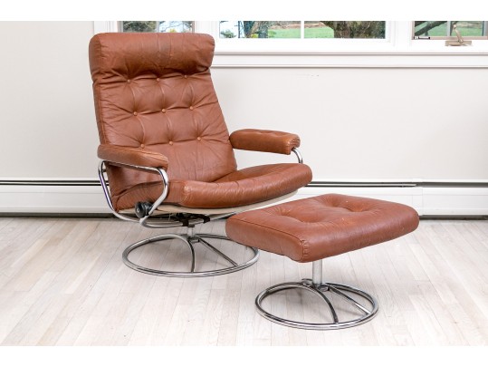 MCM Leather Upholstered Reclining Armchair With Ottoman