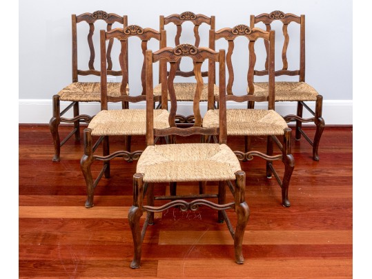Set Of 6 Provincial Carved Oak And Rush Side Chairs