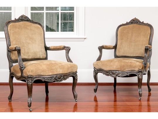Elegant Pair Of Louis XV Carved And Upholstered Parlor Chairs