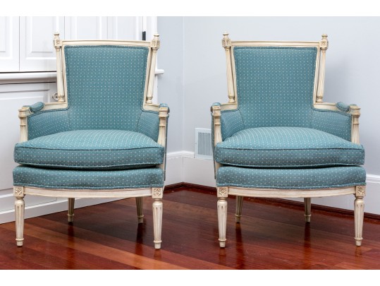 Vintage Pair Of Louis XVI Style Upholstered Bergeres