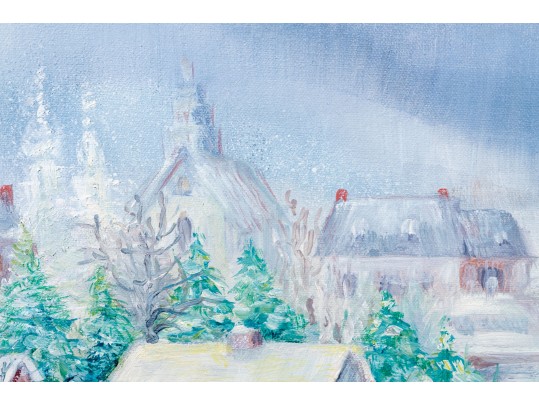 Fabulous Winter Village Scene Oil On Canvas