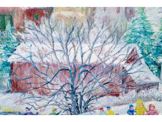 Fabulous Winter Village Scene Oil On Canvas