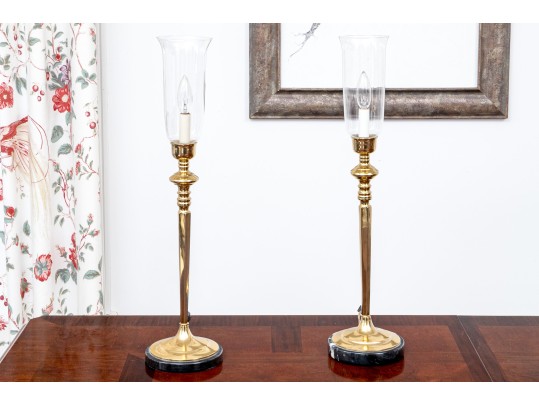 Delightful Pair Of Brass Candlesticks Mounted On On Stone Bases