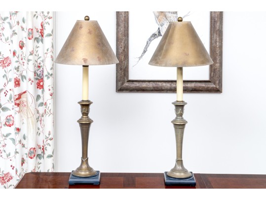 Appealing Pair Of Brass Candlestick Form Table Lamps