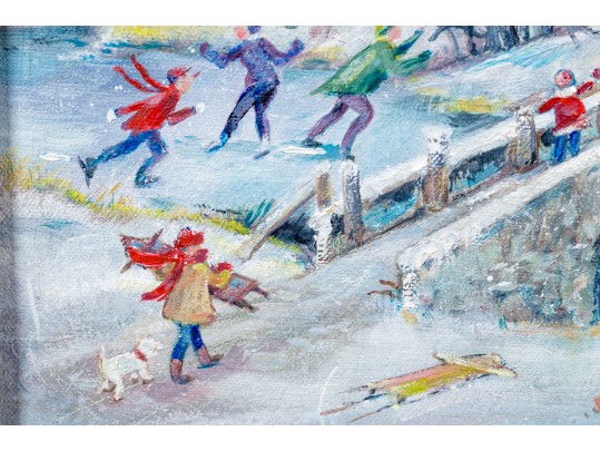 Fabulous Winter Village Scene Oil On Canvas
