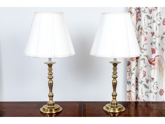 Classical Pair Of Brass Candlestick Form Table Lamps
