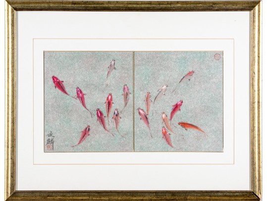 Chinese Watercolor Diptych On Paper, Fish Swimming