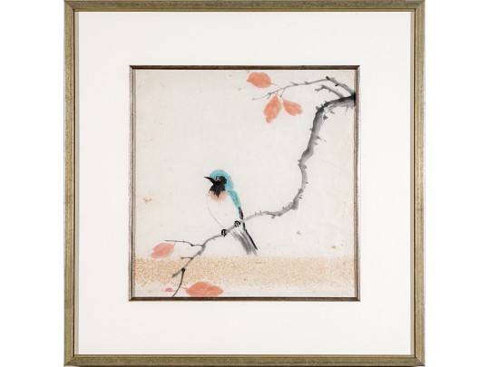 Chinese Watercolor On Paper, Song Bird In A Tree