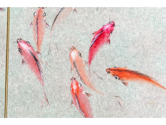 Chinese Watercolor Diptych On Paper, Fish Swimming