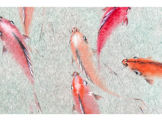 Chinese Watercolor Diptych On Paper, Fish Swimming