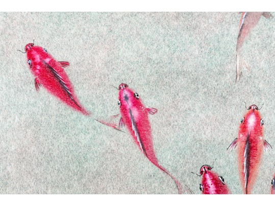 Chinese Watercolor Diptych On Paper, Fish Swimming
