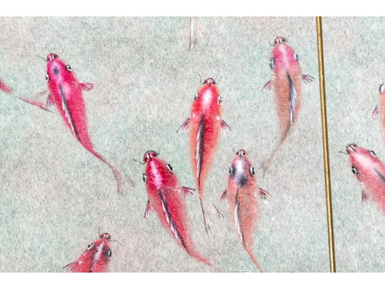 Chinese Watercolor Diptych On Paper, Fish Swimming