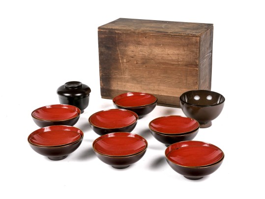 Collection Of Asian Lacquered Bowls, Boxed
