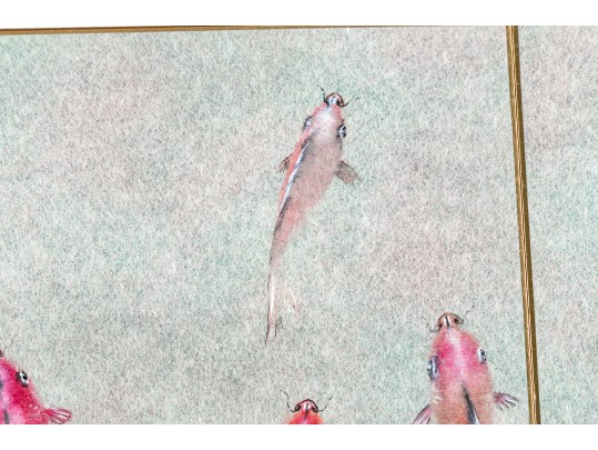 Chinese Watercolor Diptych On Paper, Fish Swimming