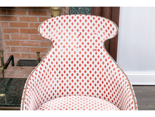 Divine Pair Of Upholstered Armchairs With Brass Tack Nailhead Trim