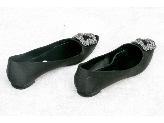 Manolo Blahnik Velvet Kitten Heels With Iconic Crystal Brooch