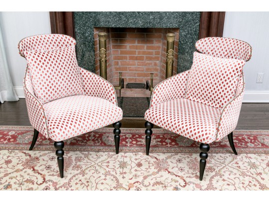 Divine Pair Of Upholstered Armchairs With Brass Tack Nailhead Trim